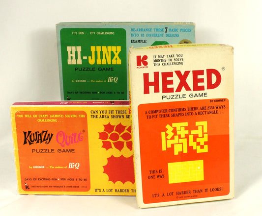 Vintage Kohner Puzzle Game Lot – Hexed, Hi-Jinx, Kwazy Quilt – 1970s Brain Teasers