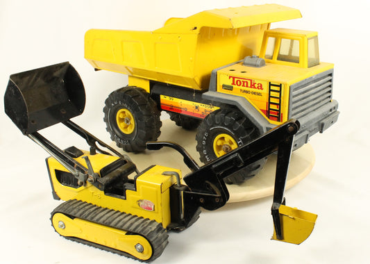 Vintage Tonka Turbo-Diesel Dump Truck & T-6 Bulldozer/Backhoe Metal Construction Vehicle Lot